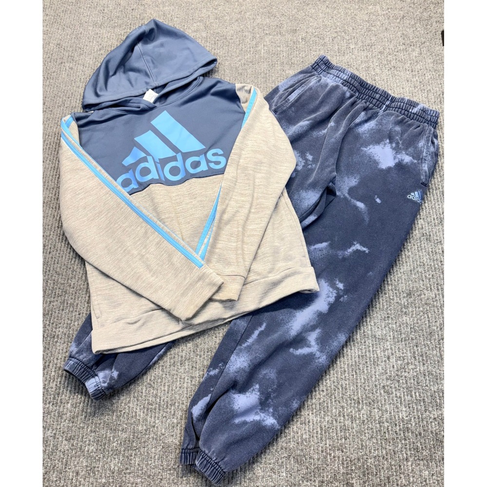 Adidas Kids Hoodie and Jogger Pants Set Blue Grey Tie Dye Size L 14/16